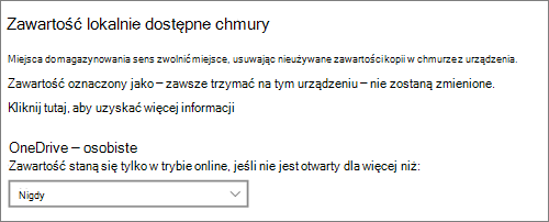 Menu rozwijane Miejsce do magazynowania w systemie Windows 10 do wyboru, kiedy pliki usługi OneDrive mają być dostępne tylko w trybie online