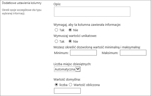 Opcje dla kolumny liczbowej