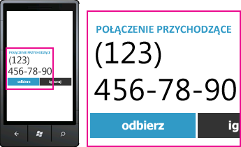 Zrzut ekranu: numer telefonu połączenia przychodzącego i przycisk „odbierz” w kliencie programu Lync dla urządzeń przenośnych