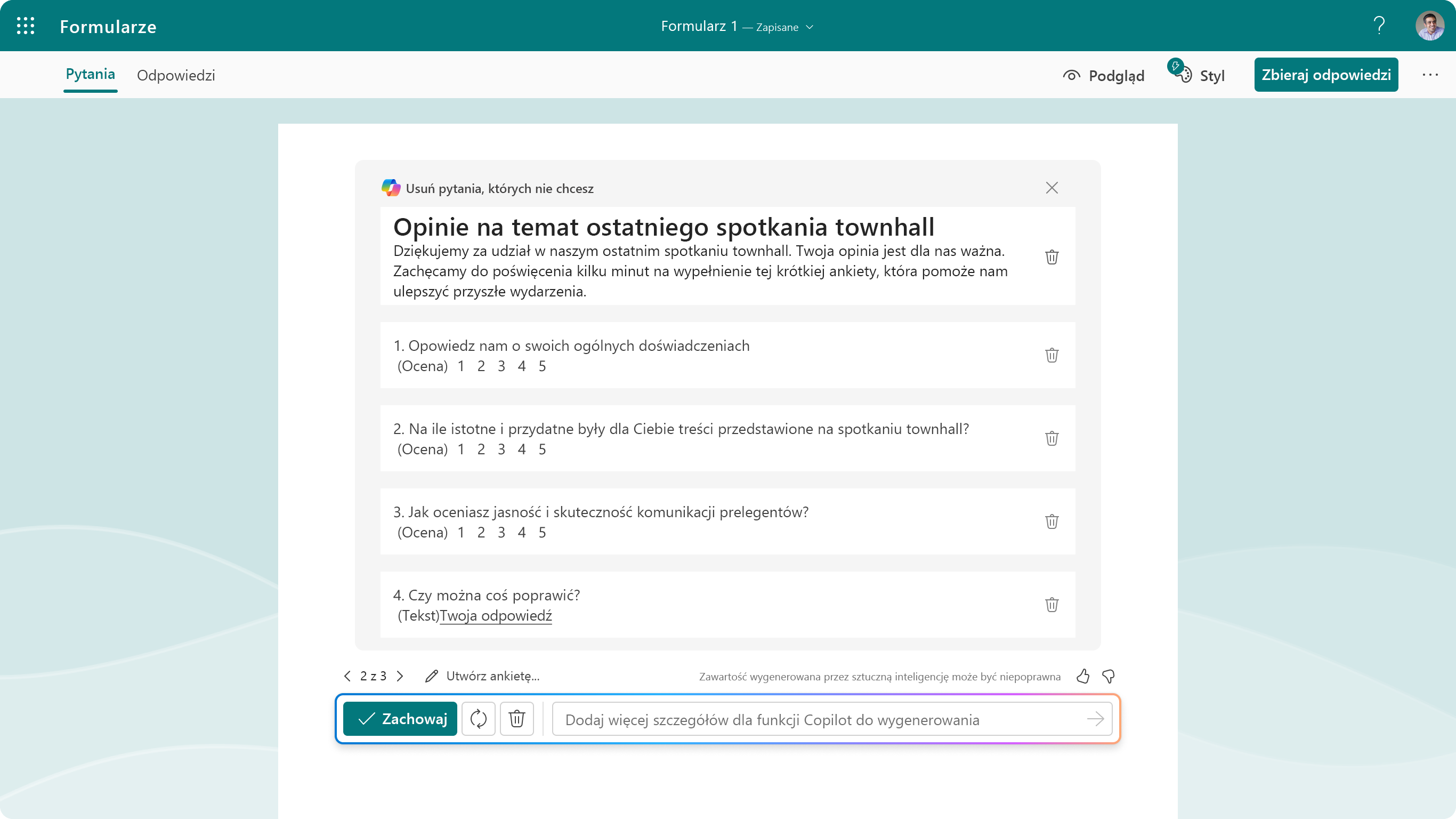 Zrzut ekranu przedstawiający sugerowane pytania dla funkcji Copilot w aplikacji Forms