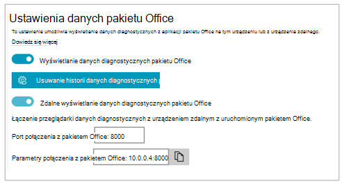 Zrzut ekranu przedstawiający sekcję „Ustawienia danych pakietu Office” opcji Ustawienia w przypadku Przeglądarki danych diagnostycznych