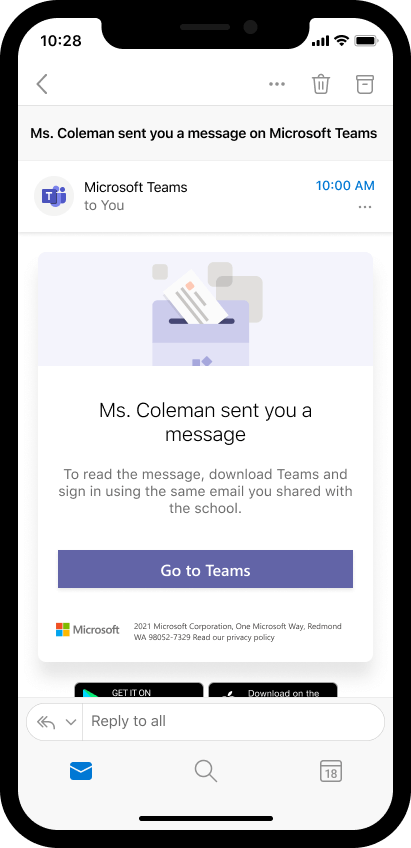 Zrzut ekranu przedstawiający pocztę e-mail na urządzeniu przenośnym z zaproszeniem rodzica do otwarcia wiadomości nauczyciela w aplikacji Teams. 
