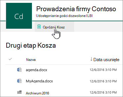 Kosz drugiego poziomu usługi SharePoint Online z wyróżnionym przyciskiem Opróżnij Kosz