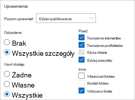 Zrzut ekranu przedstawiający edytor publikowania wybrany jako poziom uprawnień