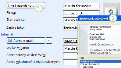 Wizytówka elektroniczna pokazuje podzbiór informacji zawartych w powiązanym formularzu kontaktu