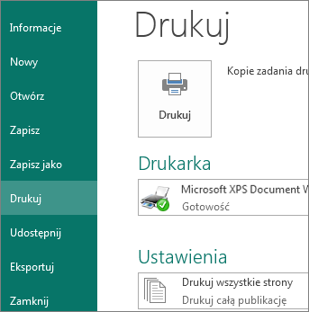 Zrzut ekranu przedstawiający opcje drukowania w programie Publisher