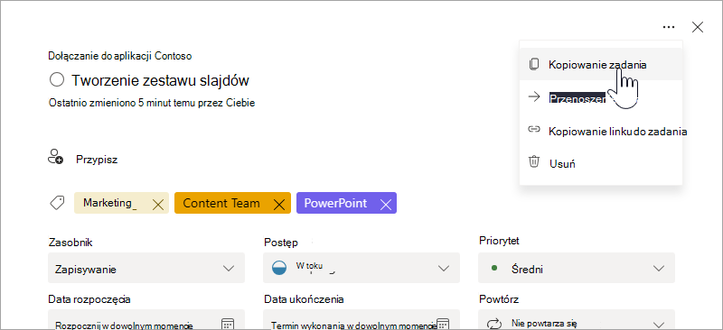 Wybieranie opcji "Kopiuj zadanie" w szczegółach zadania