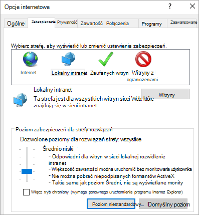 Karta Zabezpieczenia w oknie Opcje programu Internet Explorer z wyświetlonym przyciskiem poziom niestandardowy