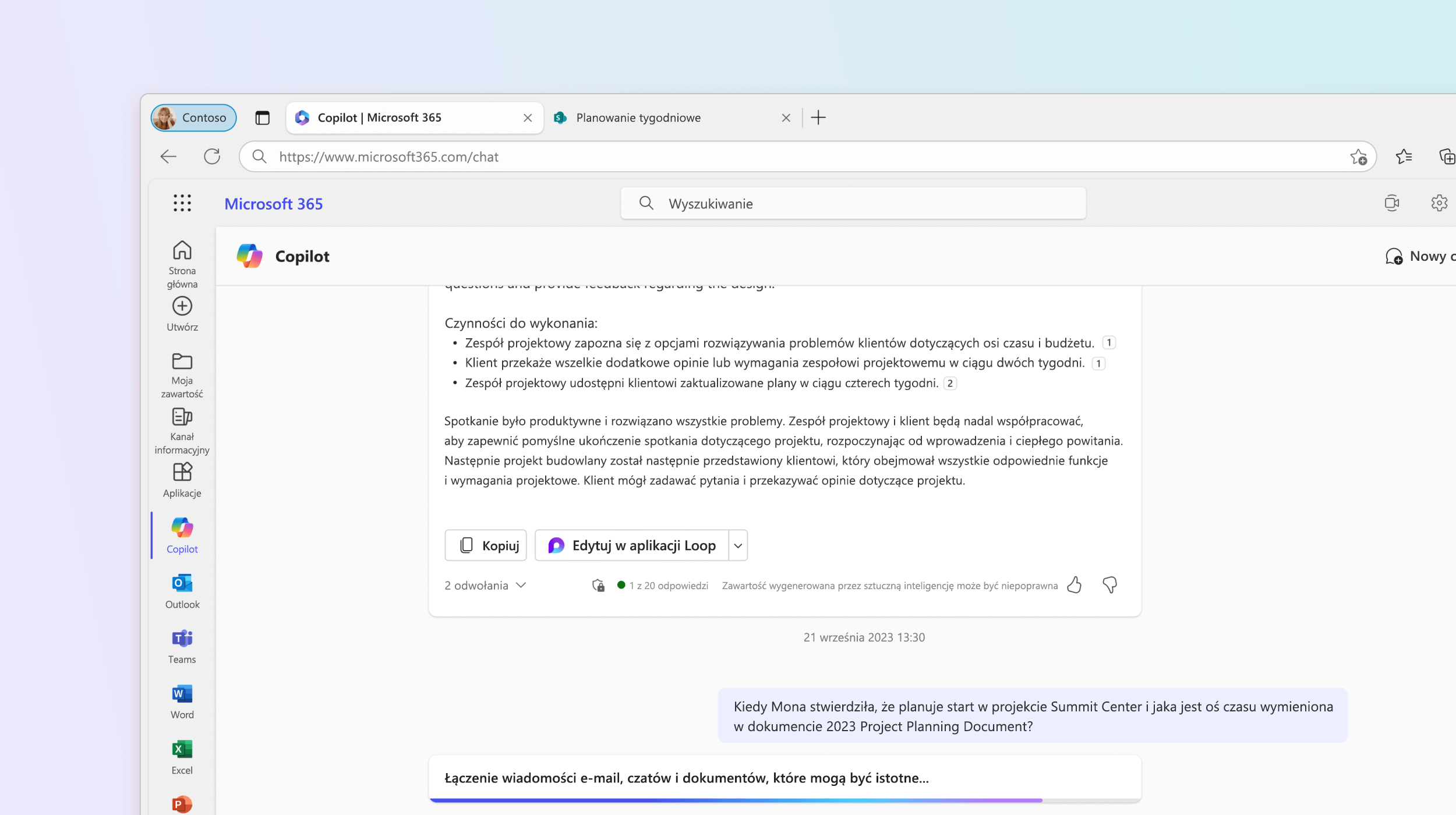 Zrzut ekranu przedstawia usługę Microsoft 365 Chat odpowiadającą na pytanie dotyczące planowania projektu.