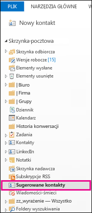 Folder Sugerowane kontakty w okienku folderów