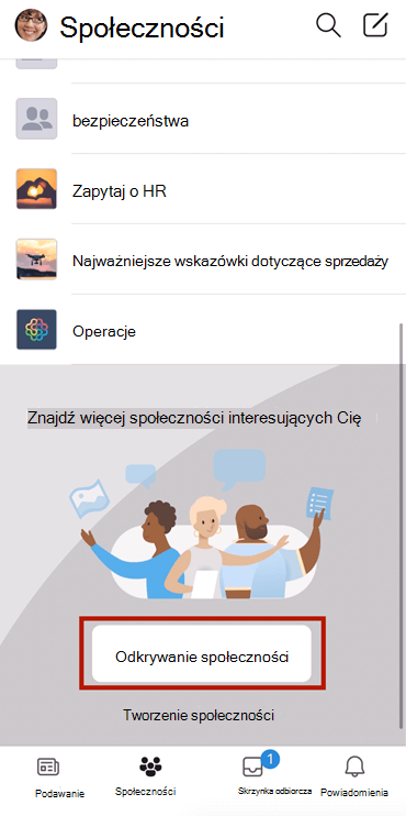 Zrzut ekranu przedstawiający Znajdowanie społeczności usługi Yammer na telefonie komórkowym z zaznaczeniem