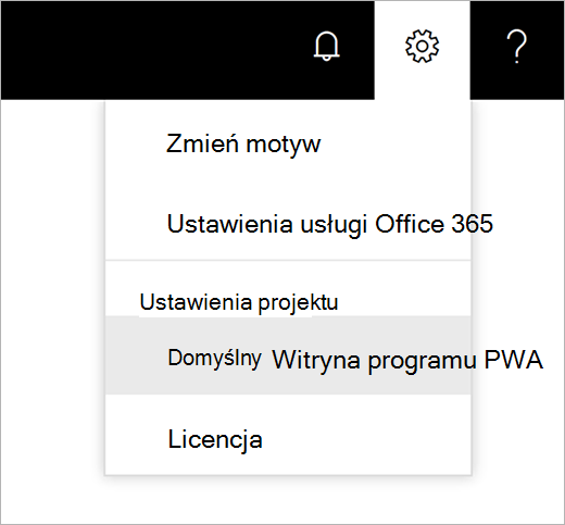 Zrzut ekranu przedstawiający menu ikony koła zębatego ze wskaźnikiem z wybraną domyślną witryną programu PWA