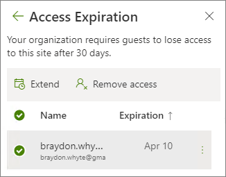 Zrzut ekranu przedstawiający opcje rozszerzania i usuwania dostępu w przypadku wygasania dostępu gościa