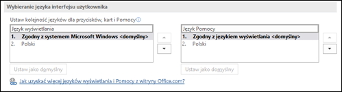 Okno dialogowe umożliwiające wybranie języka używanego dla przycisków, menu i pomocy pakietu Office.