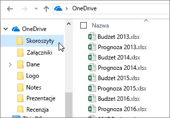 Eksplorator Windows, folder usługi OneDrive, pliki programu Excel