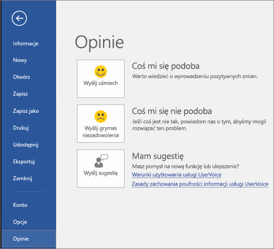 Kliknij pozycję Plik > Opinia, aby przedstawić swoje komentarze i sugestie dotyczące programu Microsoft Visio