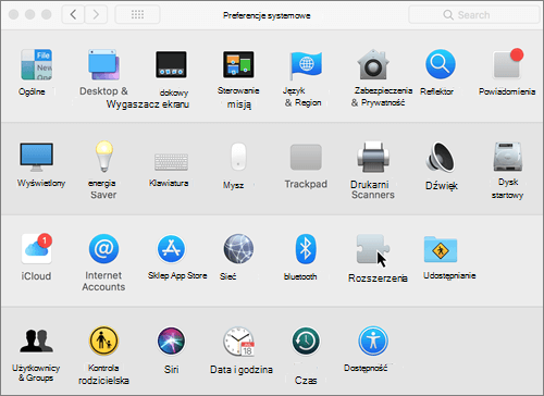 Zrzut ekranu przedstawiający preferencje systemu na komputerze Mac