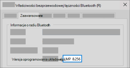 Pole wersji LMP łączności Bluetooth w karcie Zaawansowane w Menedżerze urządzeń.
