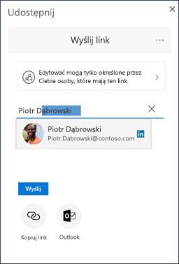 Okno dialogowe Udostępnianie w usłudze OneDrive z sugerowanym kontaktem z usługi LinkedIn