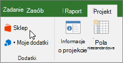 Zrzut ekranu przedstawiający sekcję karty Projekt na wstążce z kursorem wskazującym Sklep. Wybierz pozycję Sklep, aby przejść do Sklepu Office i poszukać dodatków dla programu Project.
