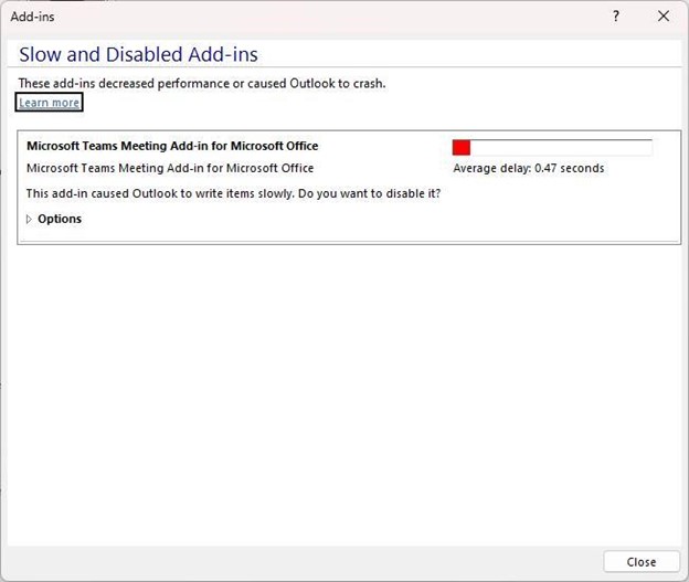 Zrzut ekranu przedstawiający okno dialogowe Wolne i wyłączone dodatki