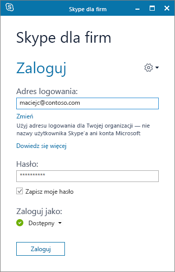 Zrzut ekranu przedstawiający ekran logowania programu Skype dla firm