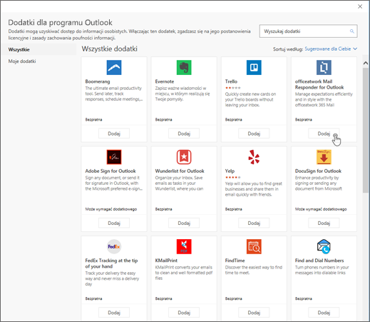 Zrzut ekranu przedstawiający stronę Dodatki dla programu Outlook.