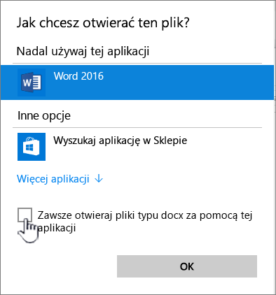 Okno dialogowe Otwieranie za pomocą w systemie Windows