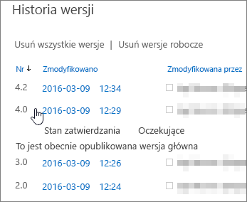 Historia wersji z usuniętą jedną wersją pomocniczą