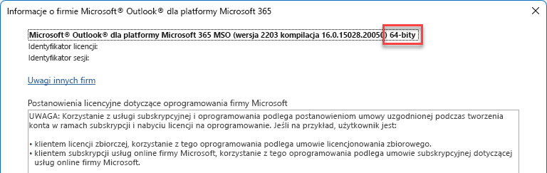 Okno wyświetlające szczegóły programu Microsoft Outlook.