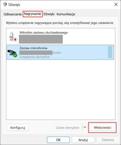 Uzyskaj dostęp do właściwości urządzenia wejściowego dźwięku w ustawieniach dźwięku systemu Windows 11.