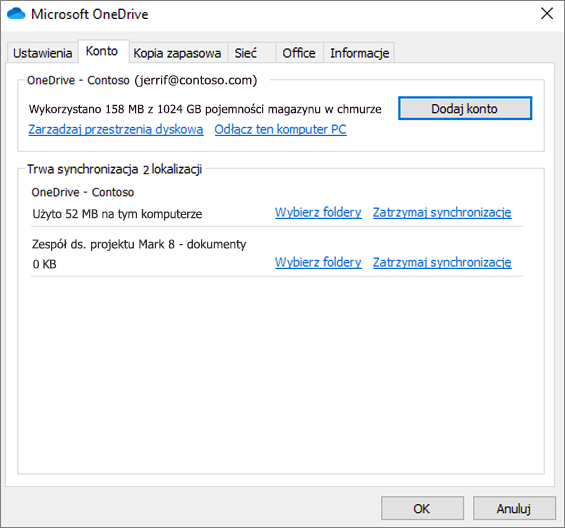 Zrzut ekranu przedstawiający ustawienia konta w kliencie synchronizacji usługi OneDrive.