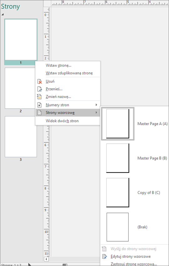 Zrzut ekranu przedstawia opcję menu skrótów wybraną dla stron wzorcowych z dostępnymi opcjami strony wzorcowej.