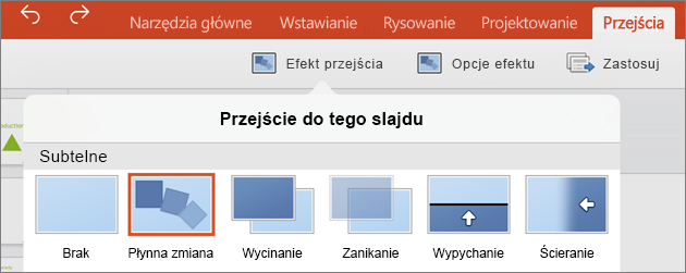 Przejście Płynna zmiana w menu Przejścia w aplikacji PowerPoint 2016 dla tabletu iPad