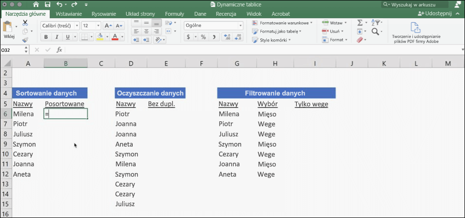 Zrzut ekranu przedstawiający program Excel z danymi korzystającymi z tablic dynamicznych