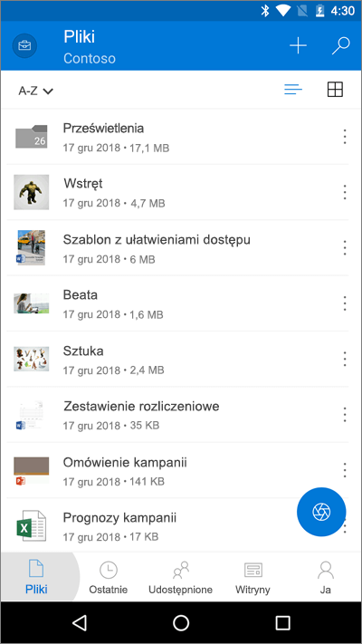 Zrzut ekranu przedstawiający aplikację mobilną OneDrive z wyróżnionym przyciskiem Pliki