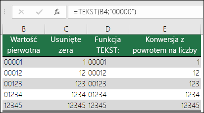 Przykłady stosowania funkcji TEKST do formatowania zer wiodących.  =TEKST(A2;"00000")