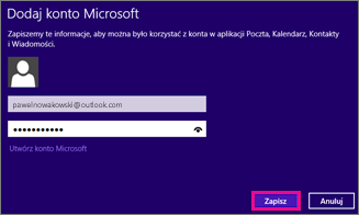 Strona Dodawanie konta Microsoft w aplikacji Poczta systemu Windows 8