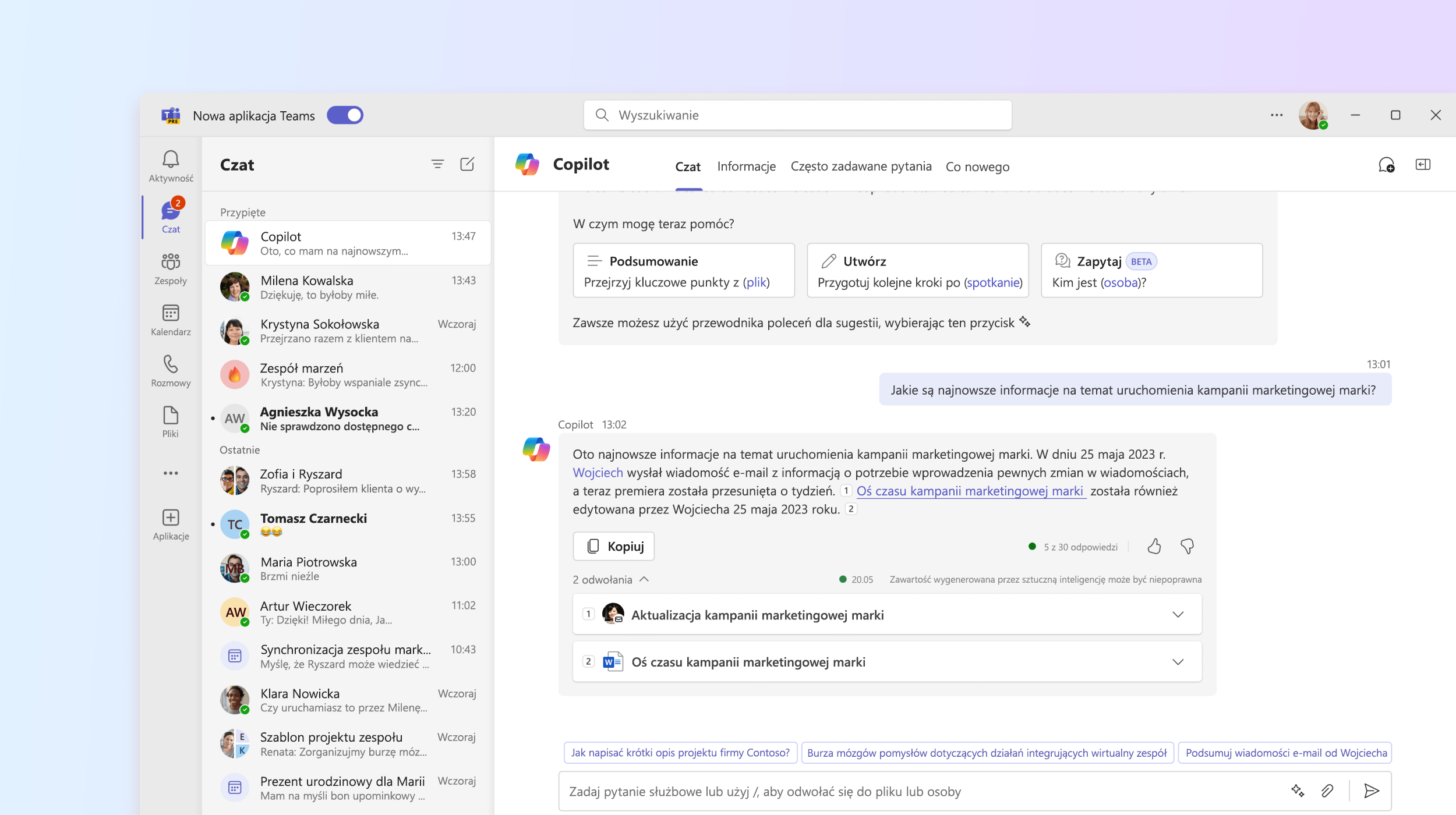Zrzut ekranu przedstawiający funkcję Microsoft 365 Copilot w aplikacji Teams.