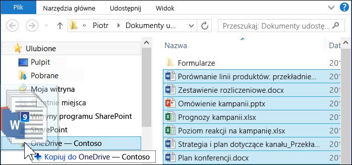 Przeciąganie plików do synchronizowanego folderu usługi OneDrive dla Firm w celu ich przekazania