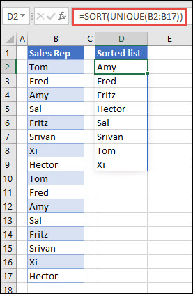 Zwracanie listy nazw w kolejności rosnącej przy użyciu funkcji UNIKATOWE z funkcją SORTUJ
