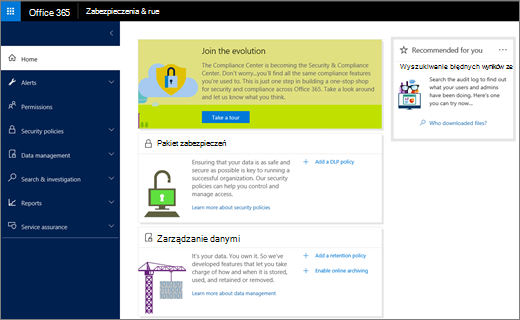 Zrzut ekranu przedstawiający stronę główną Centrum zabezpieczeń i zgodności usługi Office 365.