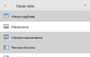 Menu opcji stylu tabeli w programie Word dla systemu Android z wybraną pozycją Wiersz nagłówka.