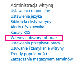 Sekcja Witryny i obszary robocze na stronie Ustawienia witryny