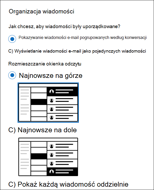 Zrzut ekranu przedstawiający sekcję Ustawienia > układu poczty> z wyświetloną sekcją Organizacja wiadomości