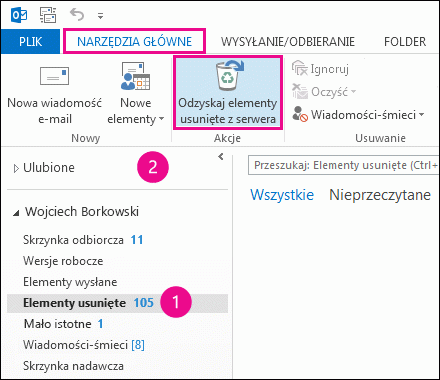 Zaznacz folder Elementy usunięte i kliknij pozycję Odzyskaj elementy z serwera