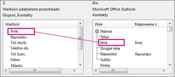 Mapowanie kolumny z programu Excel na pole kontaktu w programie Outlook