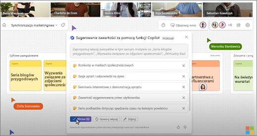 Pokazuje sugestie funkcji Copilot w aplikacji Whiteboard podczas spotkania w aplikacji Teams.