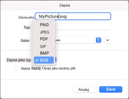 Okno dialogowe Zapisz jako w programie Outlook 2021 dla komputerów Mac z wybraną opcją SVG