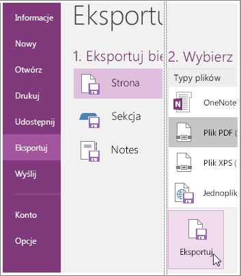 Zrzut ekranu przedstawiający sposób eksportowania strony notatek w programie OneNote 2016.